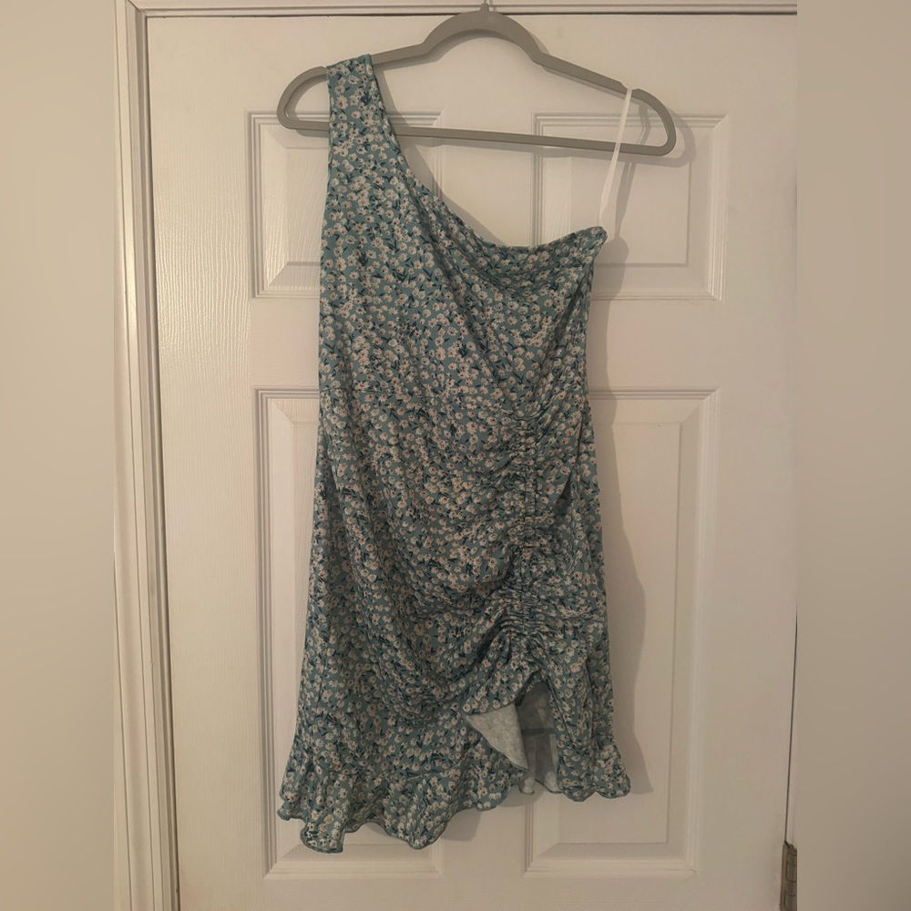 Blue Floral One-Shoulder Ruffle Mini Dress